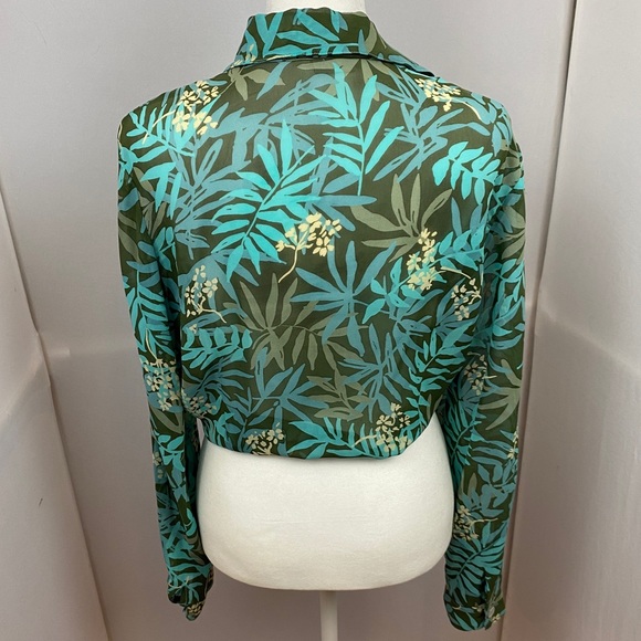 Vintage Womens Sz 12 Silk Tropical Floral Long Sleeve Crop Tie Front Top 70s - Picture 8 of 8